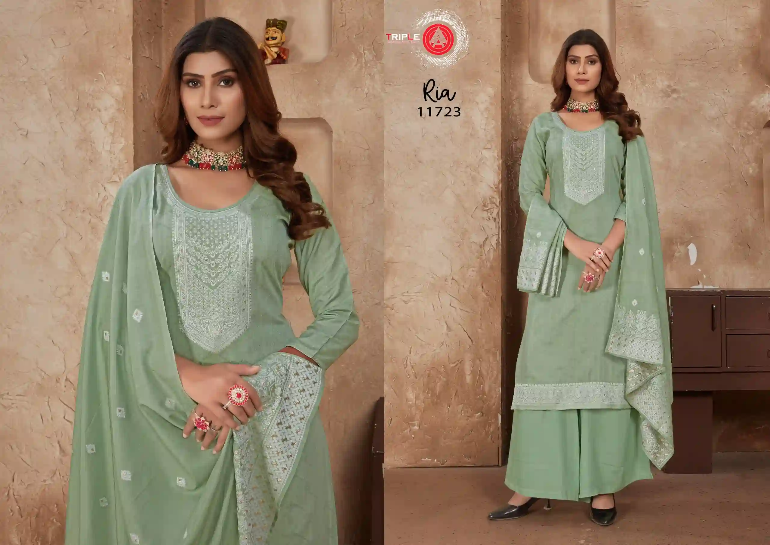 Triple Ria Pure Muslin Wholesale Salwar Suit Catalog — Wholesale Salwar Suits, MPA wholesale from Surat - Gallery Image 2